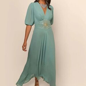 NWT Rixo London Corrine Midi Dress in Juniper Green with Gold Sequin